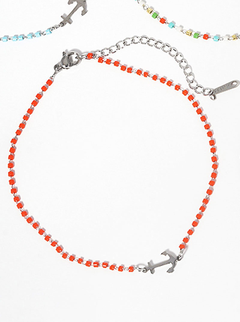 Cylinder Glass Bead With Anchor Stainless Steel Anklet ORANGE