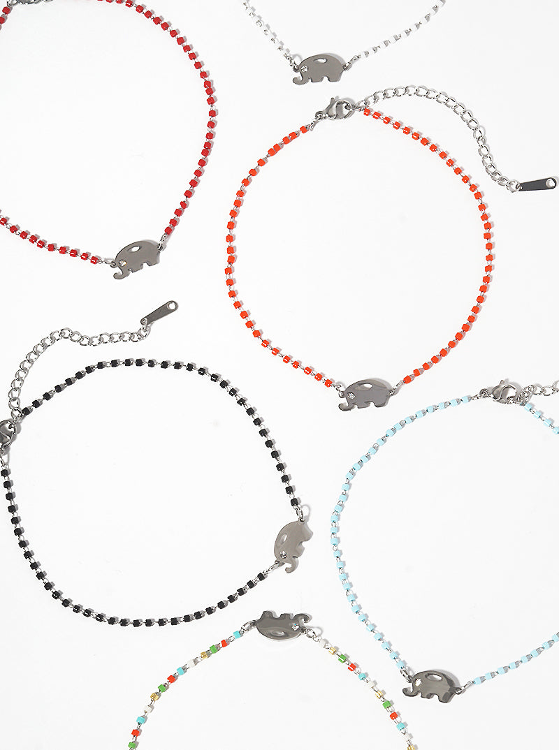 Cylinder Glass Bead With Elephant Stainless Steel Anklet