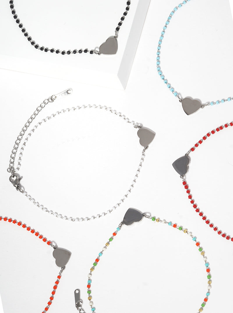 Cylinder Glass Bead With Heart Stainless Steel Anklet