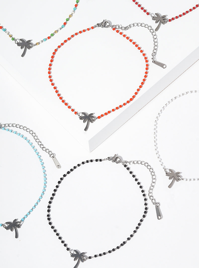 Cylinder Glass Bead With Palm Tree Stainless Steel Anklet
