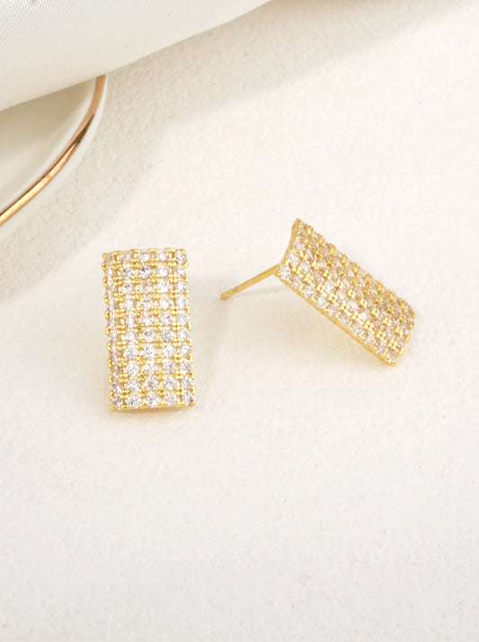 14K-Gold Dipped Rectangle Pave CZ Stud Earrings