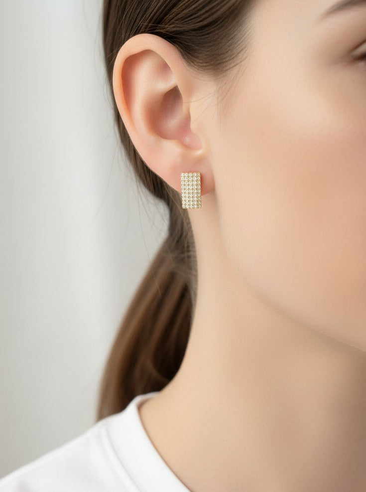 14K-Gold Dipped Rectangle Pave CZ Stud Earrings
