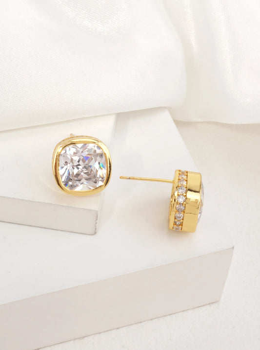14K-Gold Dipped Square Cut CZ Stud Earrings