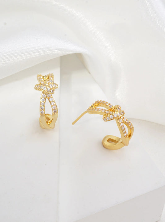 14K-Gold Dipped Ribbon Bow Earrings With CZ