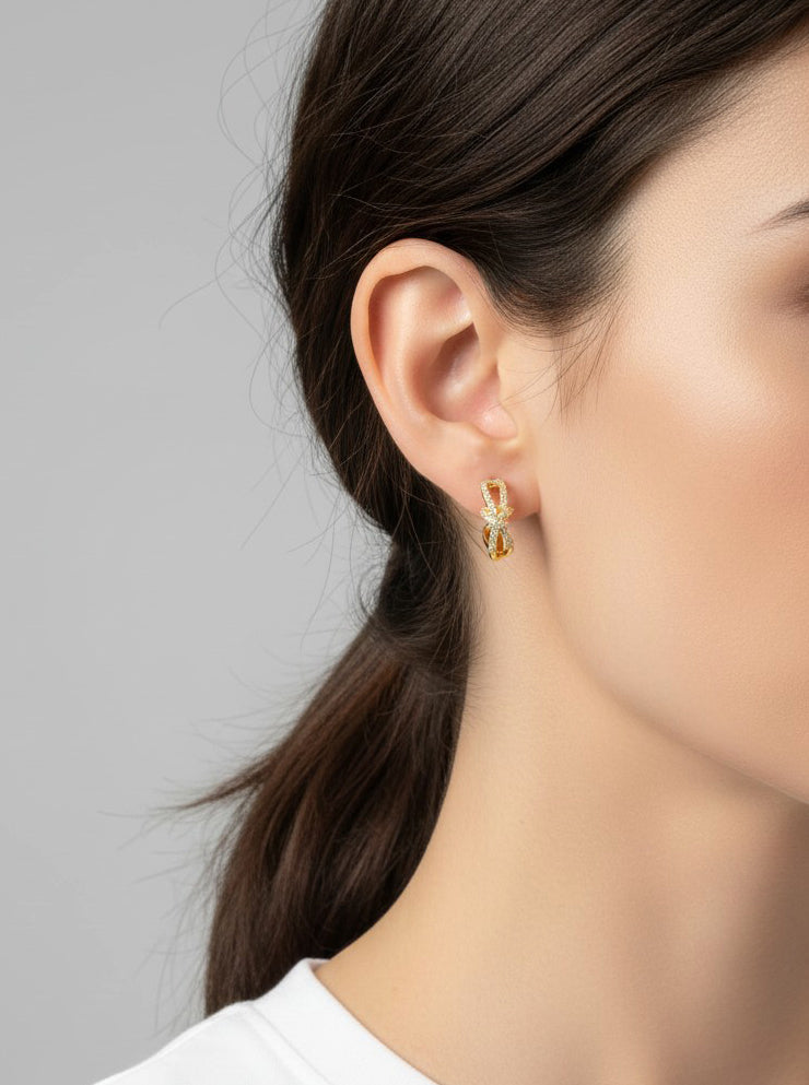 14K-Gold Dipped Ribbon Bow Earrings With CZ