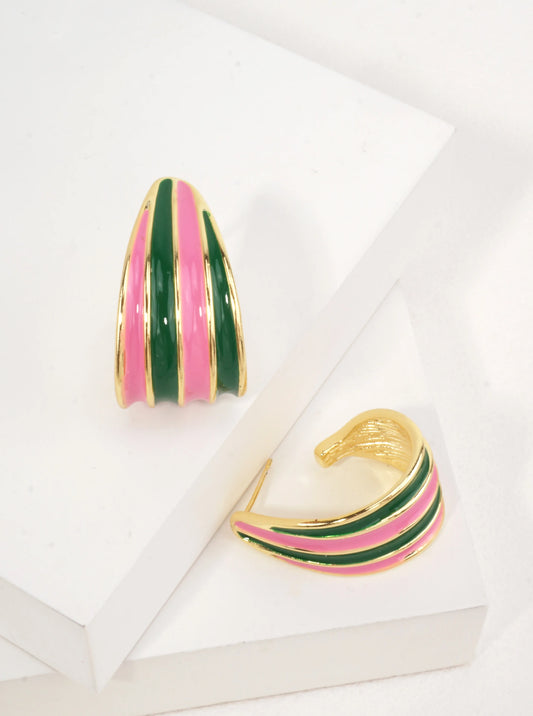 14K Gold Dipped Pink & Green Stripe Hoops