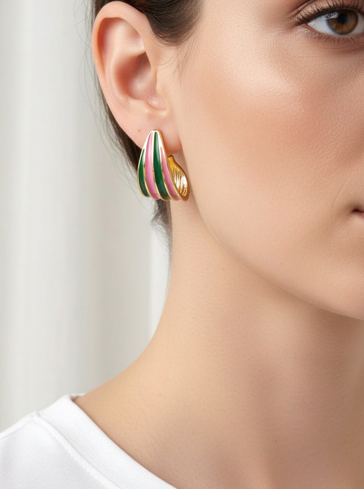 14K Gold Dipped Pink & Green Stripe Hoops