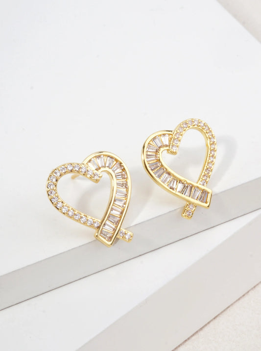 14K Gold Dipped Heart Pave & Baguette CZ Earrings