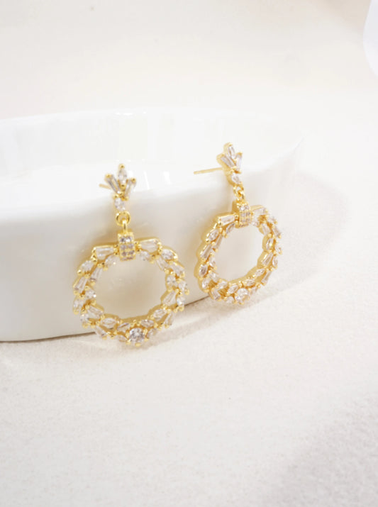 14K Gold Dipped CZ Circle Drop Earrings