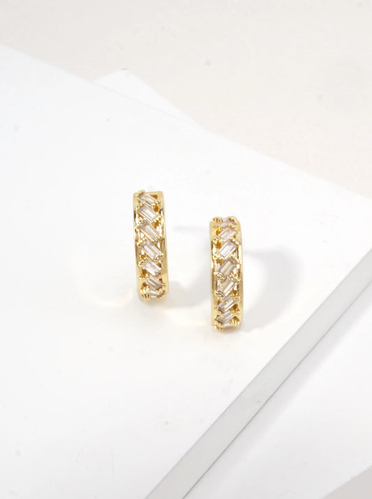 Diagonal Baguette CZ Huggie Earrings