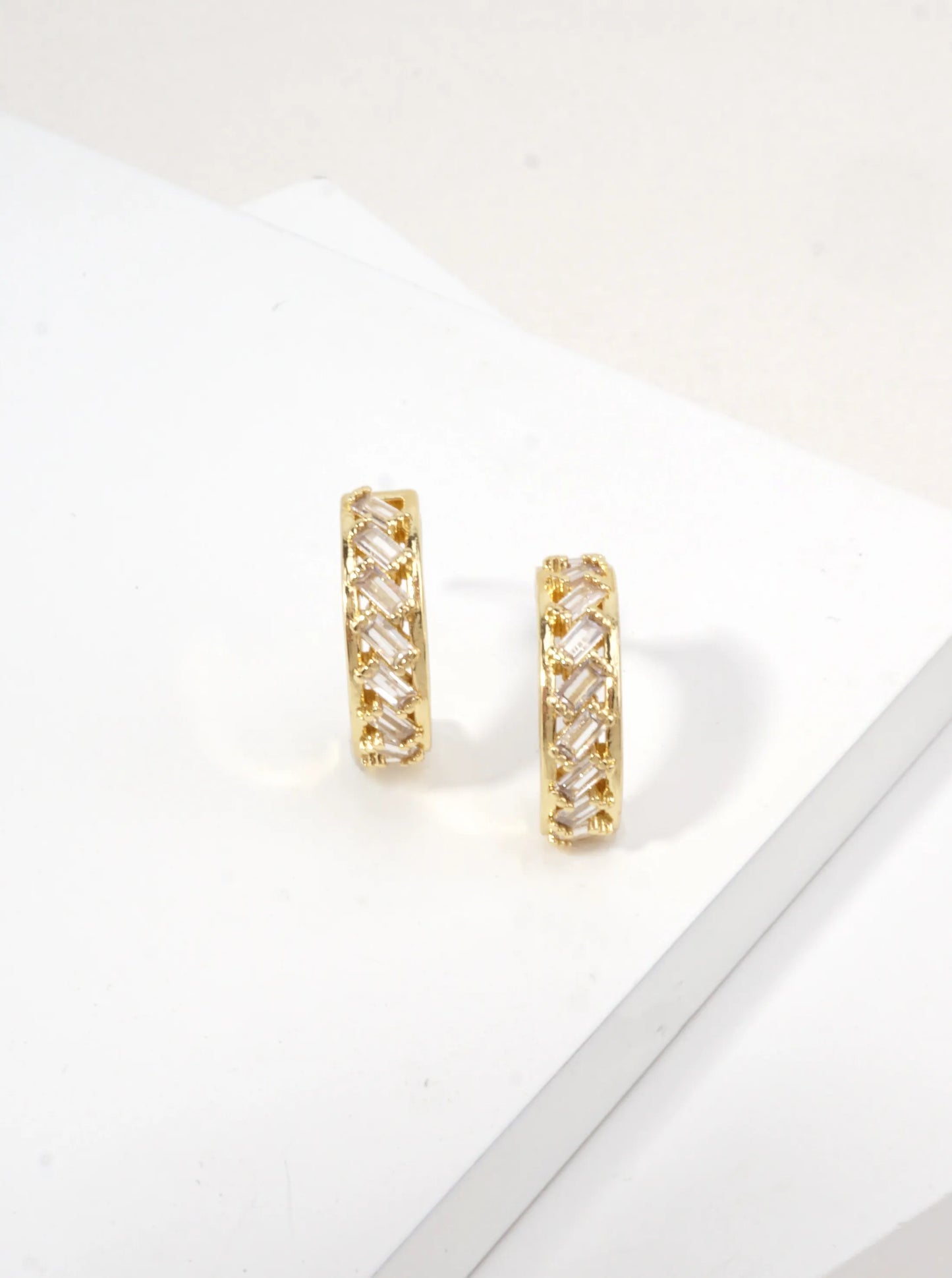 Diagonal Baguette CZ Huggie Earrings