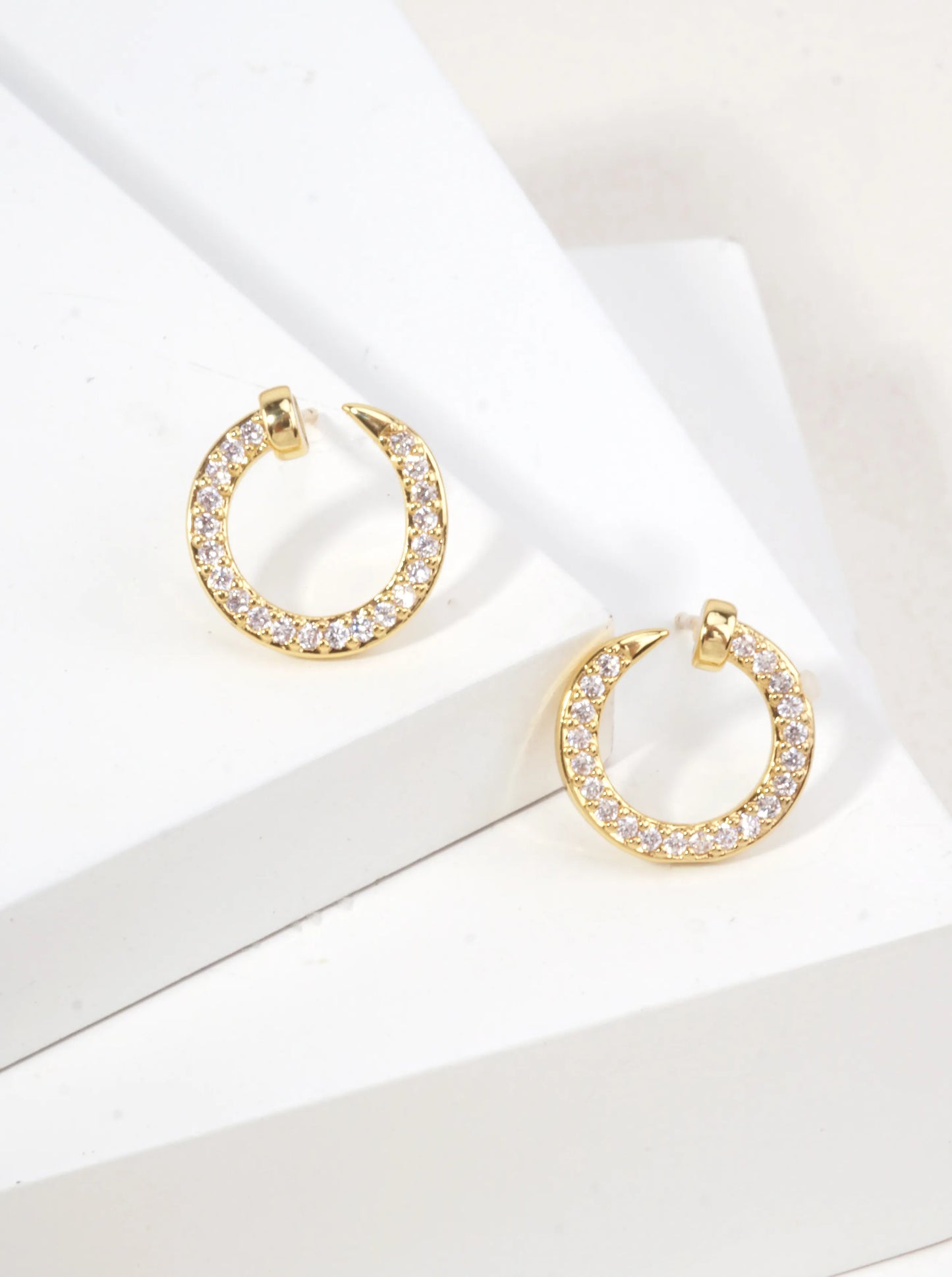 14K Gold Dipped Crescent Moon CZ Stud Earrings