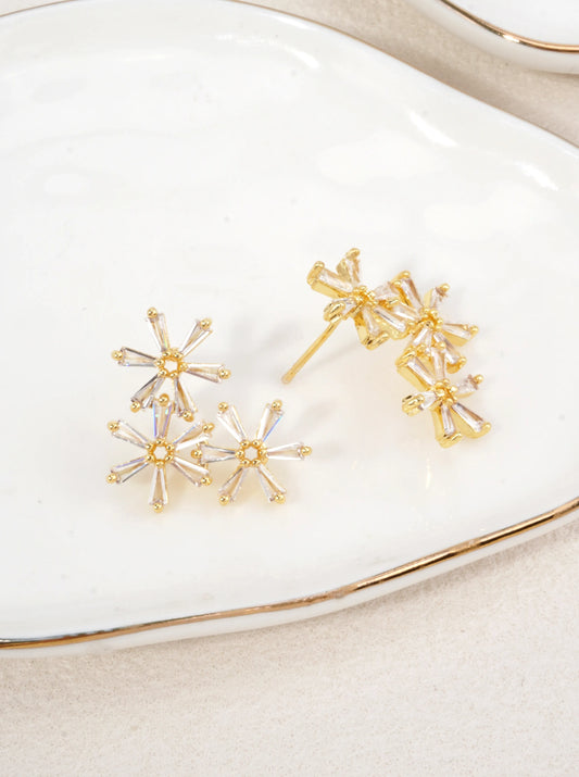 14K Gold-Dipped CZ Floral Stud Earrings