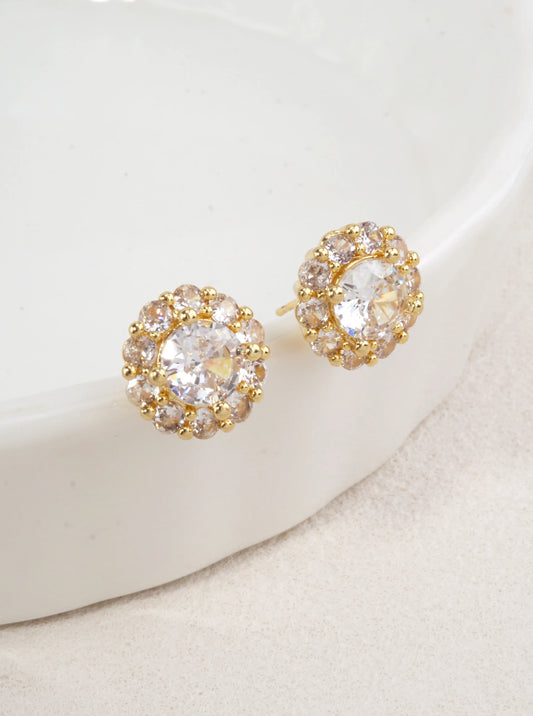 14K Gold Dipped Round Halo CZ Stud Earrings