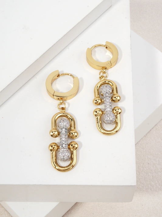 14K Gold Dipped Horsebit Dangle Earrings With CZ