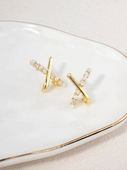 Pearl & CZ Crisscross Bar Stud Earrings