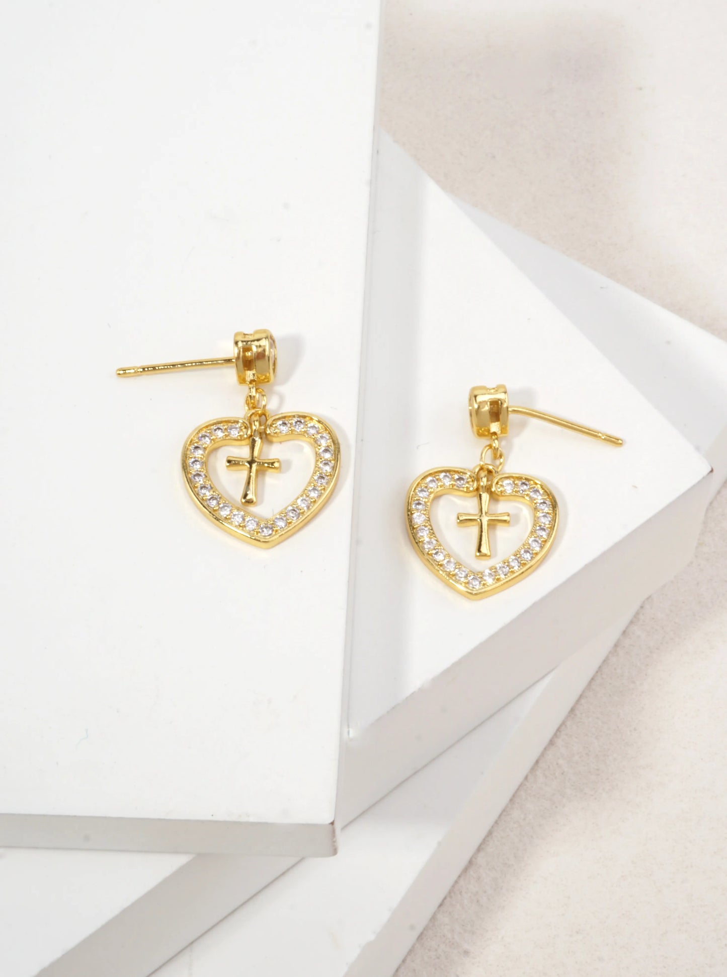 14K Gold Dipped CZ Heart Cross Drop Earrings
