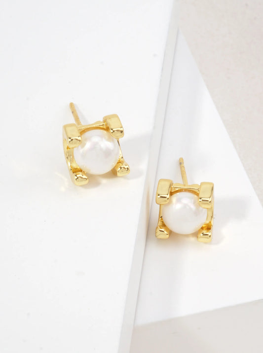 14K Gold Dipped Pearl Square Stud Earrings