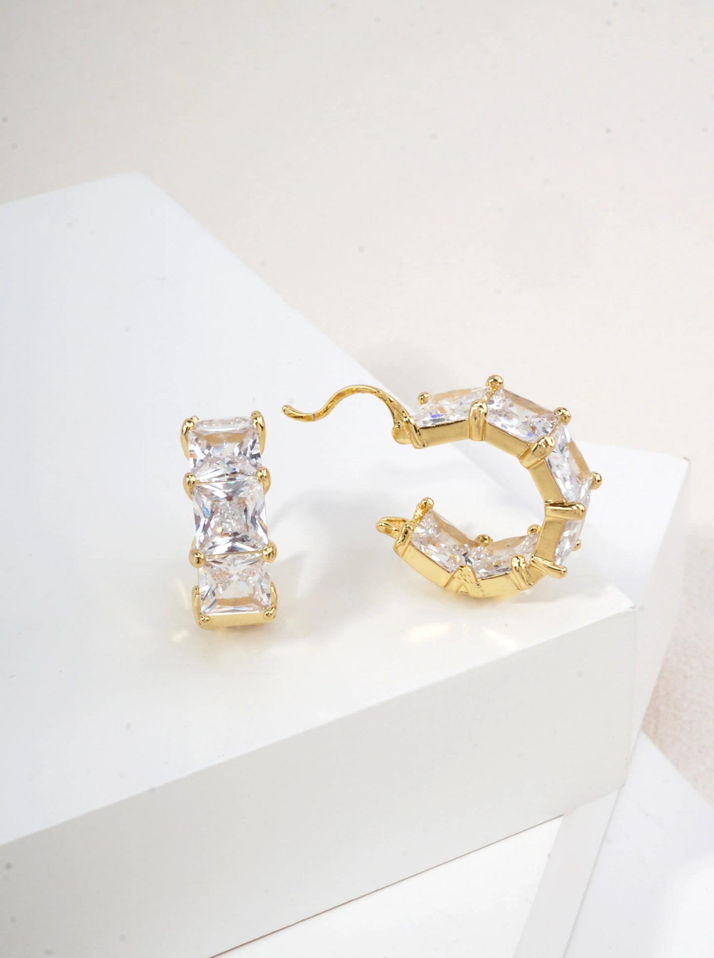 14K Gold Dipped Princess Cut CZ Huggie Earrings