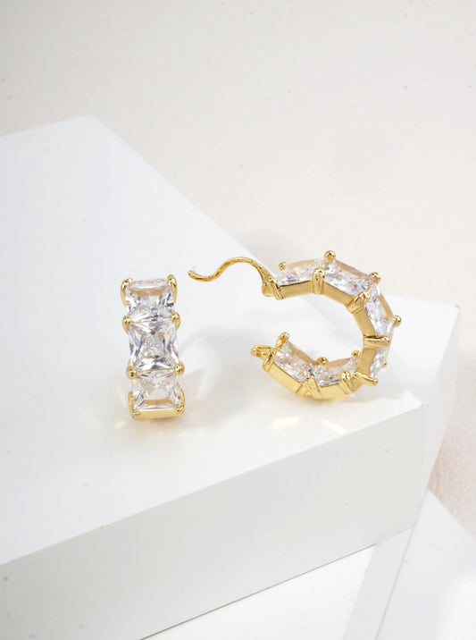 14K Gold Dipped Princess Cut CZ Huggie Earrings