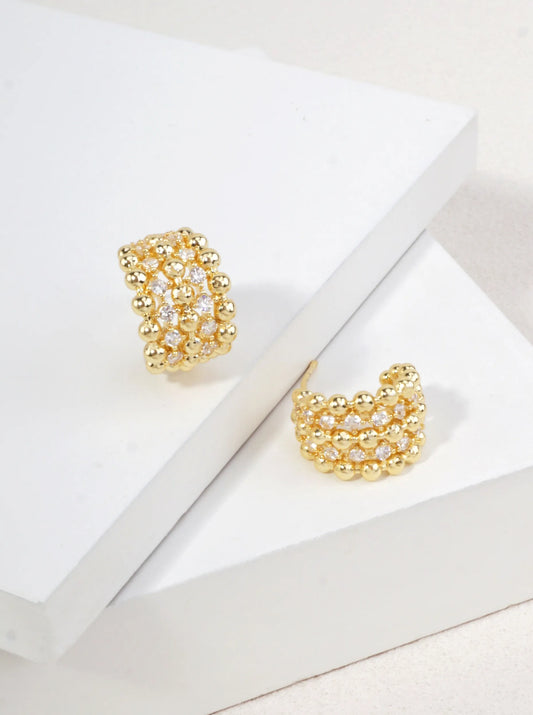 14K Gold Dipped Beaded CZ Huggie Earrings