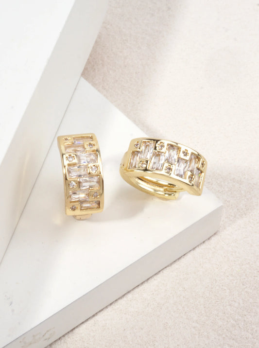 14K Gold Dipped Baguette CZ Huggie Earrings