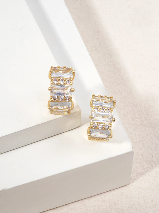14K Gold Dipped Baguette CZ Bar Stud Earrings