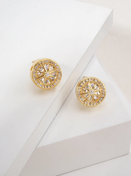14k Gold Dipped Compass CZ Stud Earrings