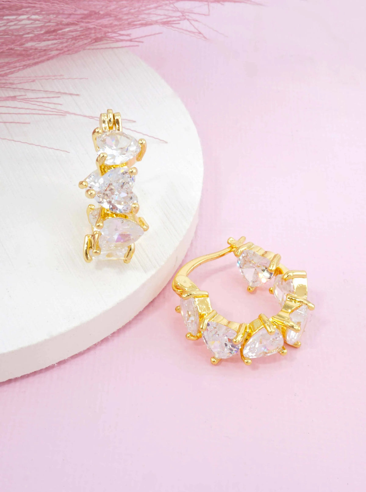 14K Gold Dipped CZ Heart Cut Clicker Hoop Earrings - Gold