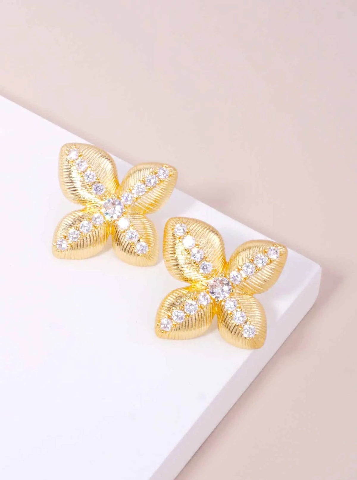 14K Gold Dipped CZ Textured Flower Stud Earrings - Gold