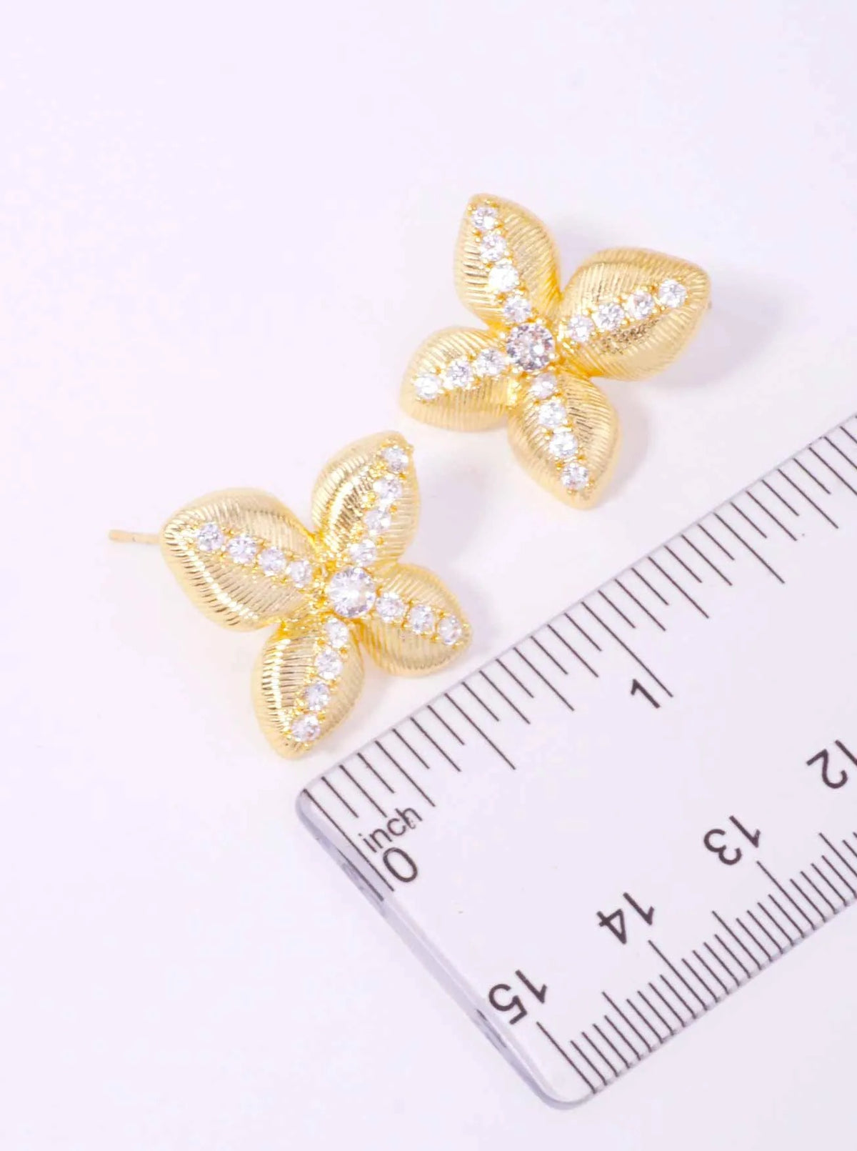 14K Gold Dipped CZ Textured Flower Stud Earrings - Gold