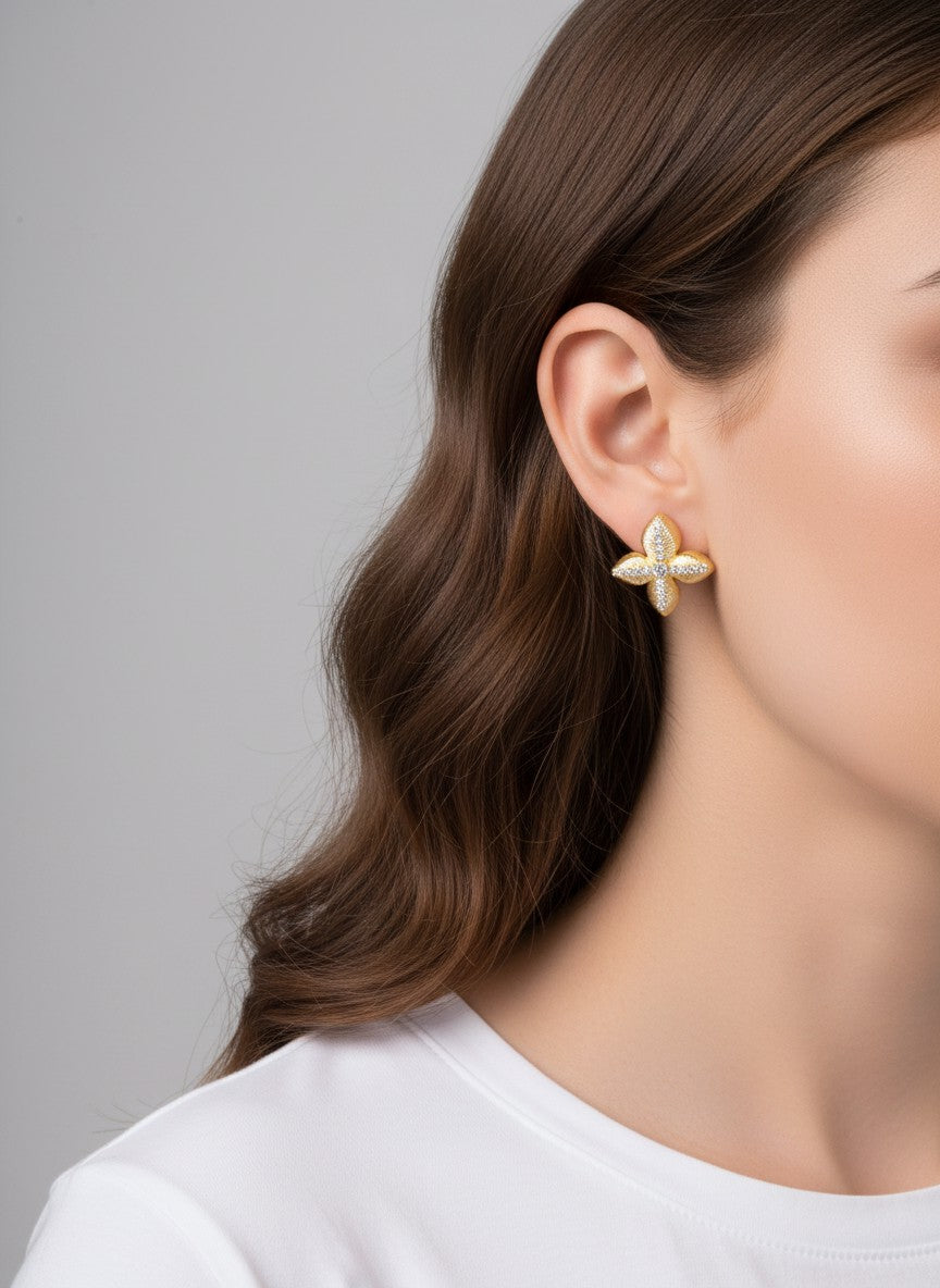 14K Gold Dipped CZ Textured Flower Stud Earrings - Gold