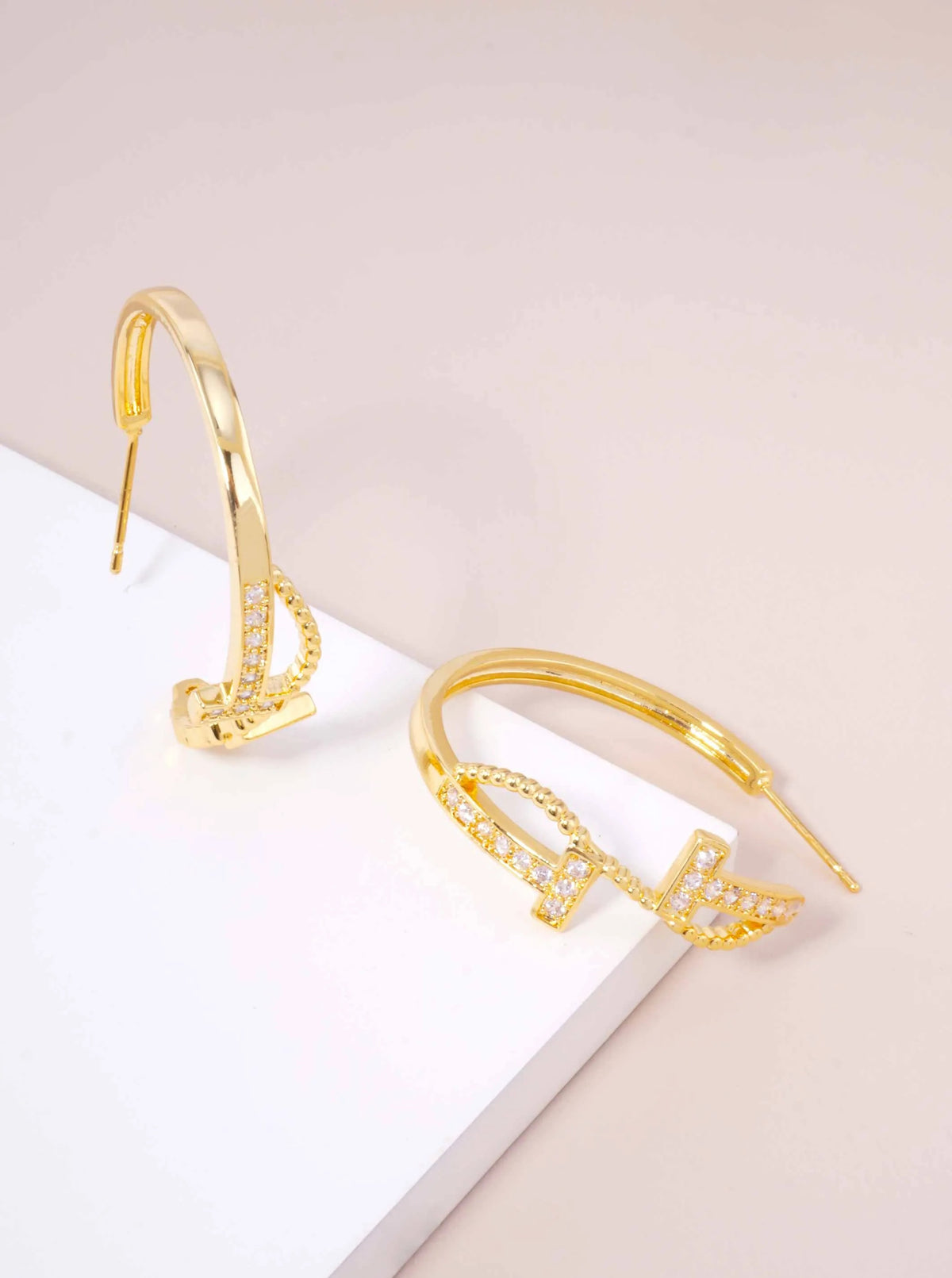 14K Gold Dipped CZ Geometric Hoop Earrings - Gold