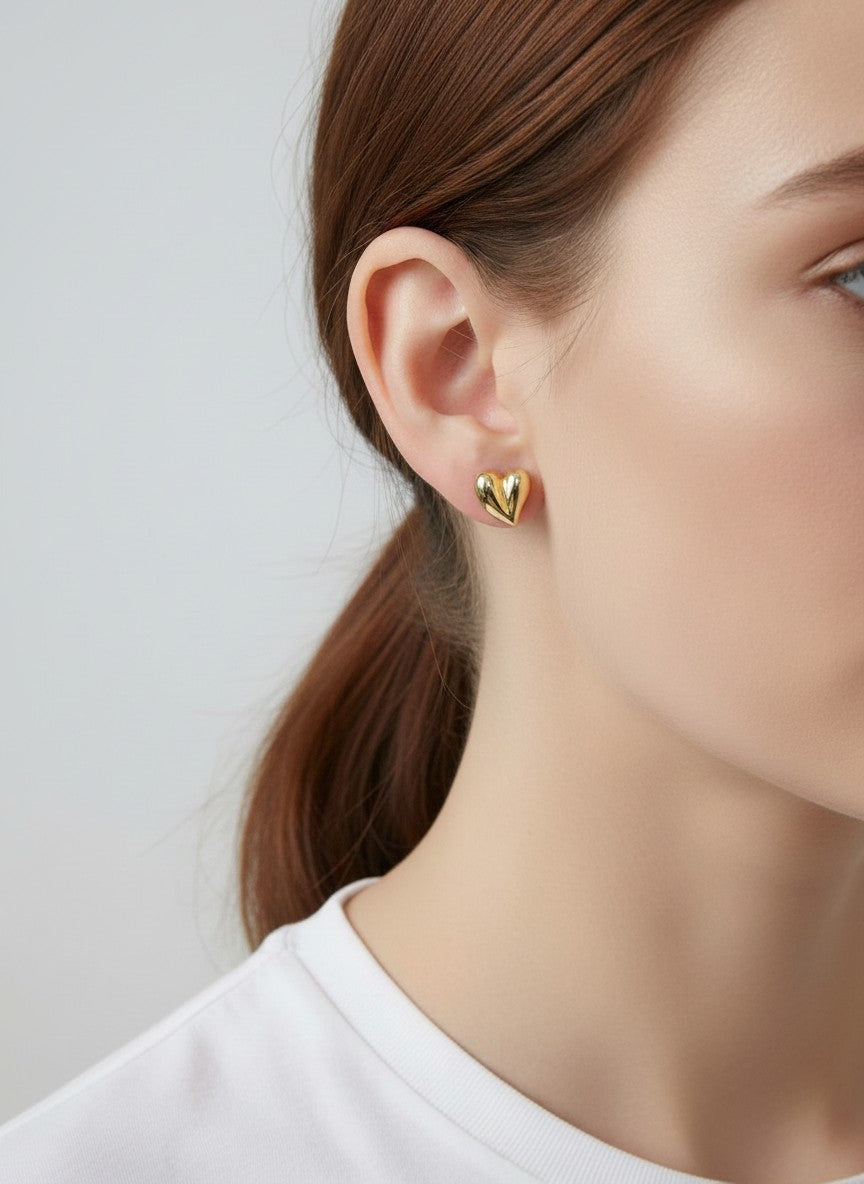 14K Gold Dipped Polished Puffy Heart Stud Earrings - Gold