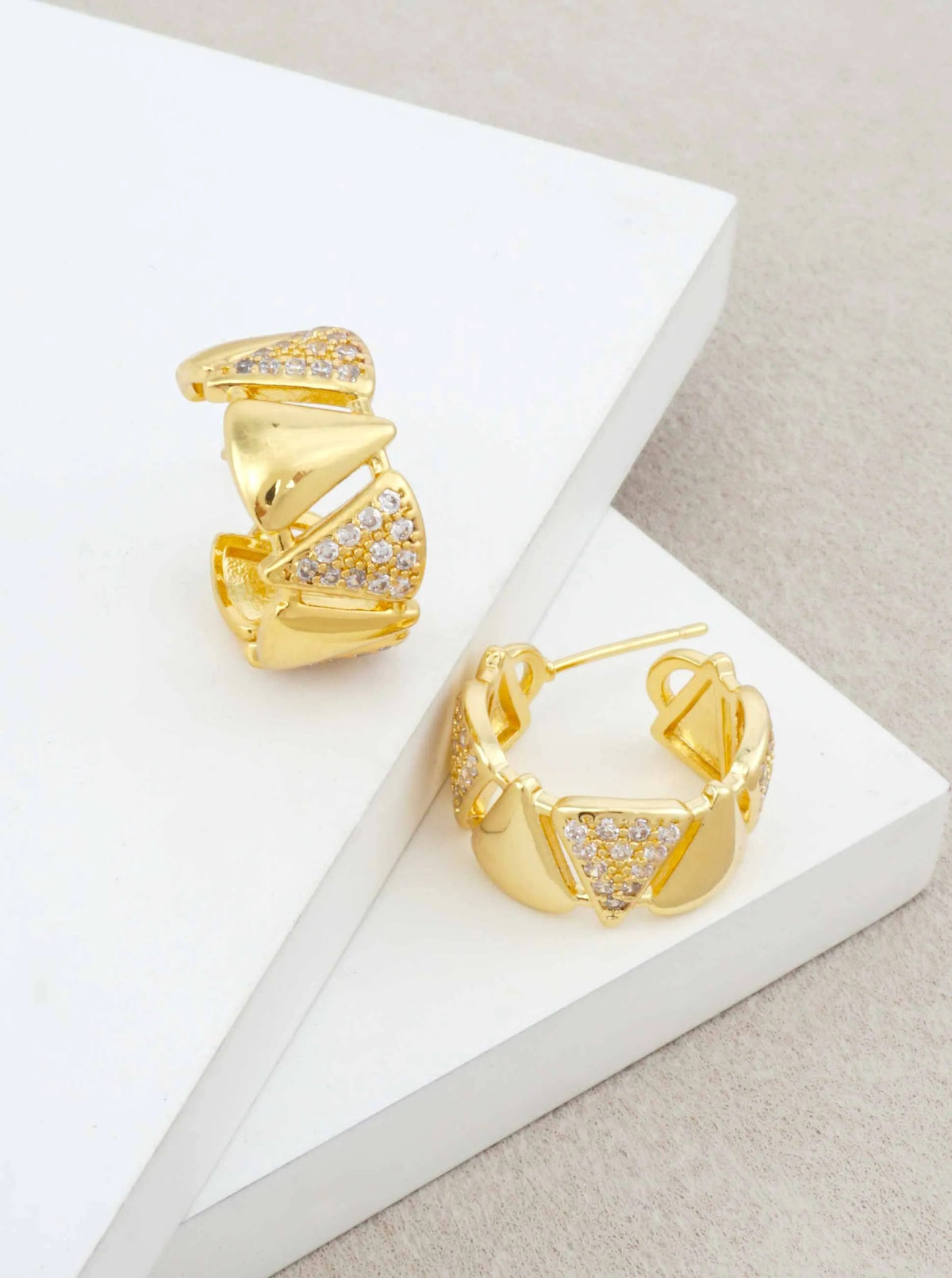 14K Gold Dipped CZ Pave Triangle Hoop Earrings - Gold