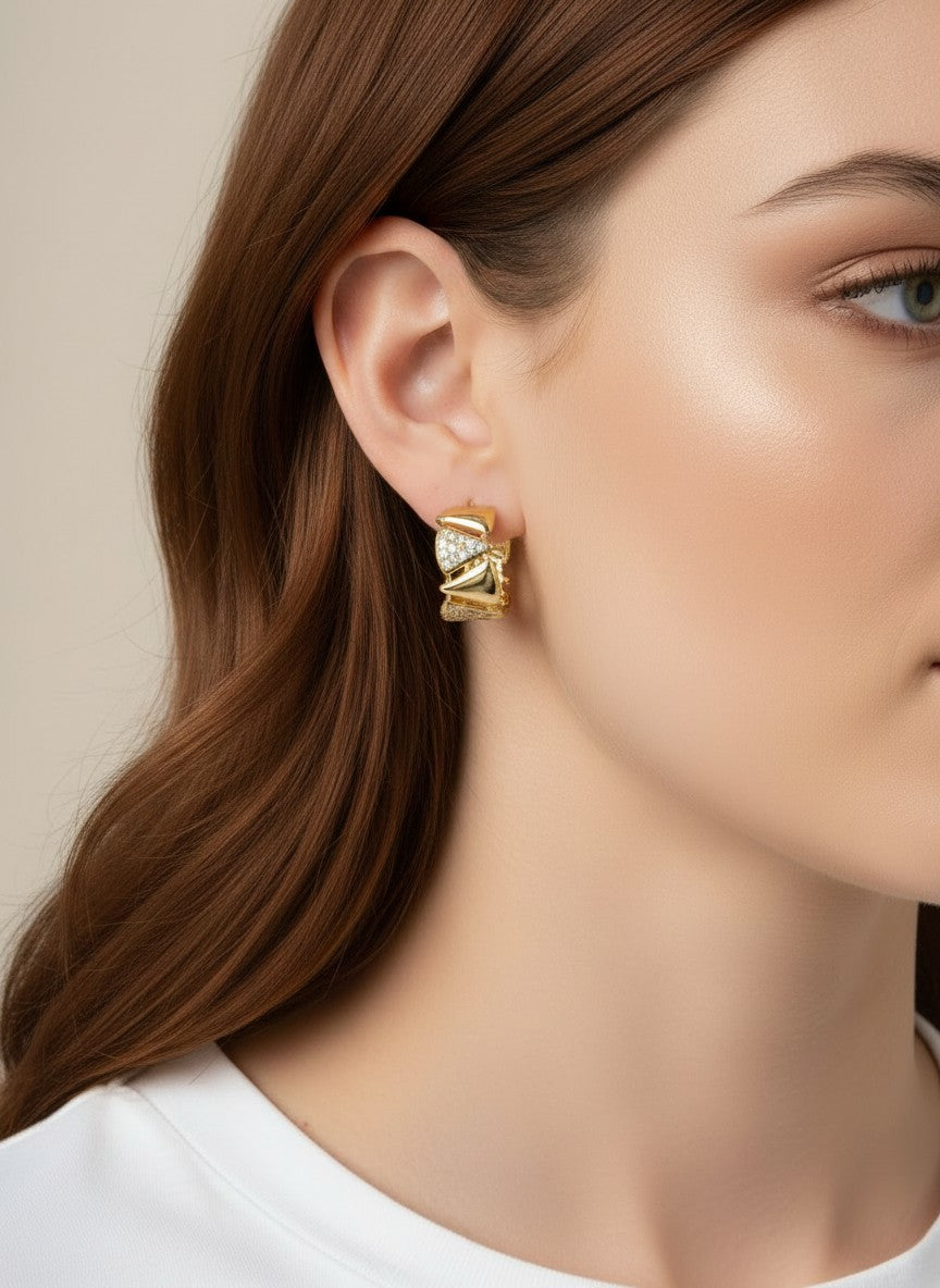 14K Gold Dipped CZ Pave Triangle Hoop Earrings - Gold