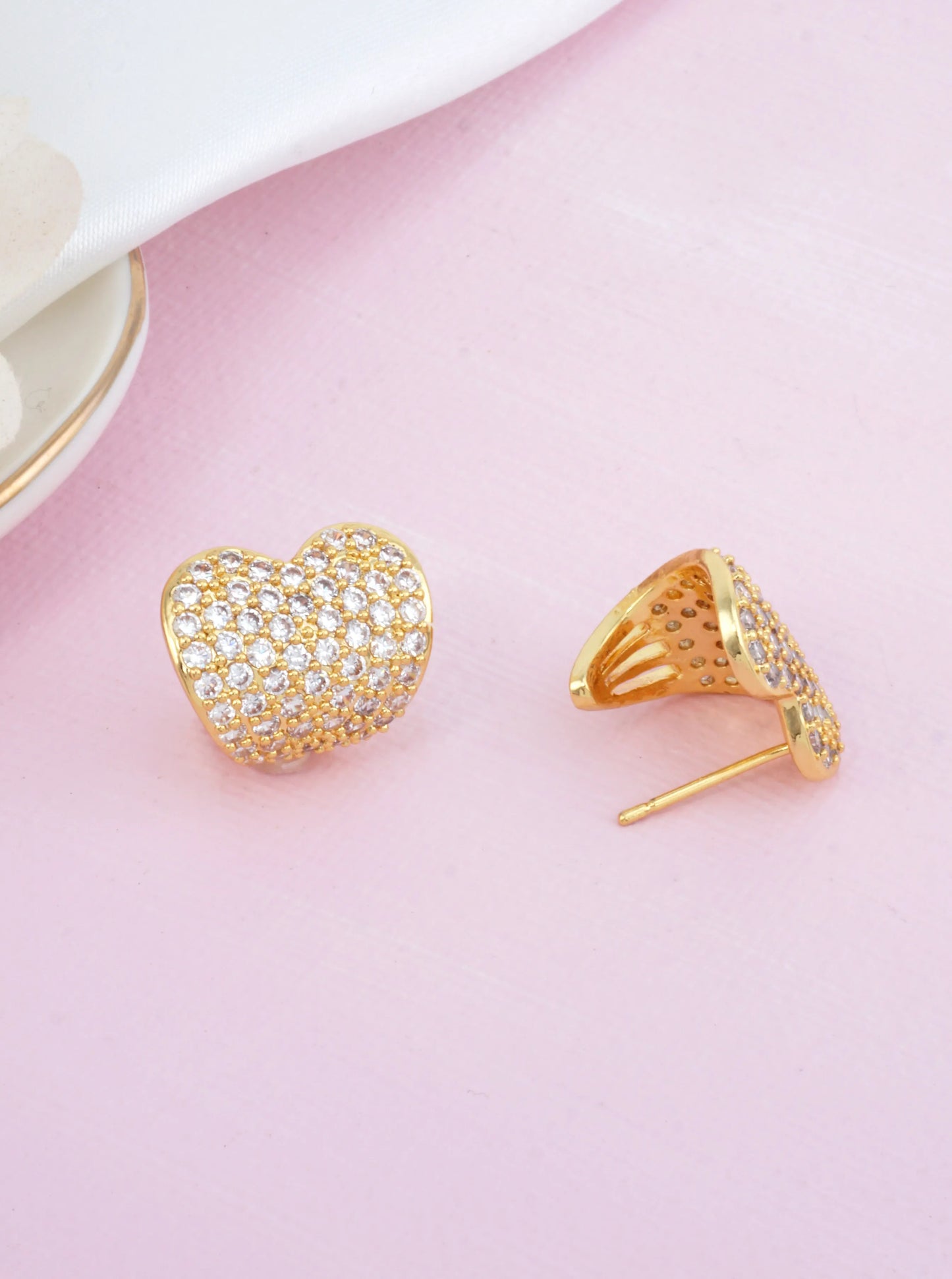 14K Gold-Dipped CZ Pave Heart Stud Earrings