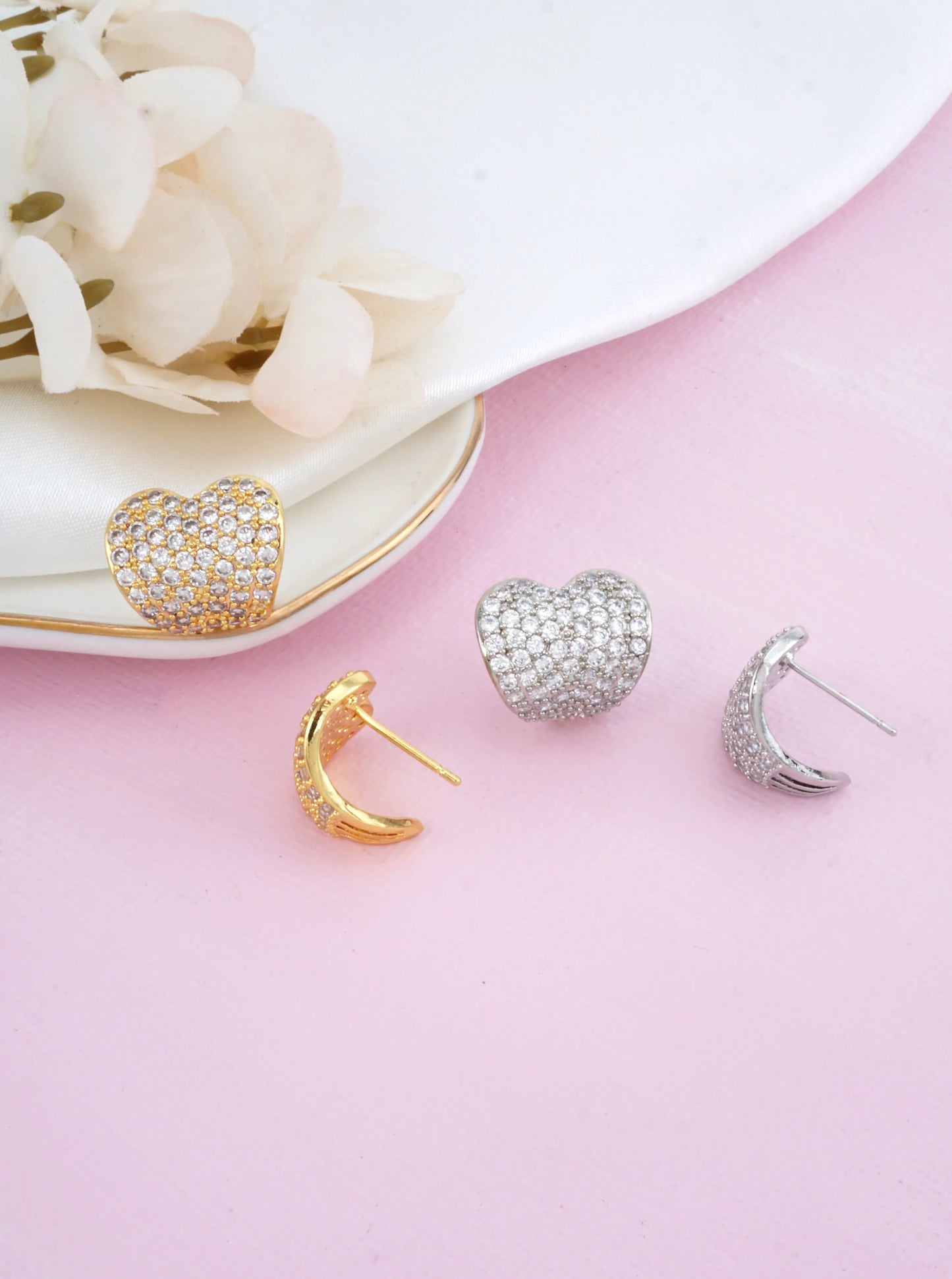 14K Gold-Dipped CZ Pave Heart Stud Earrings