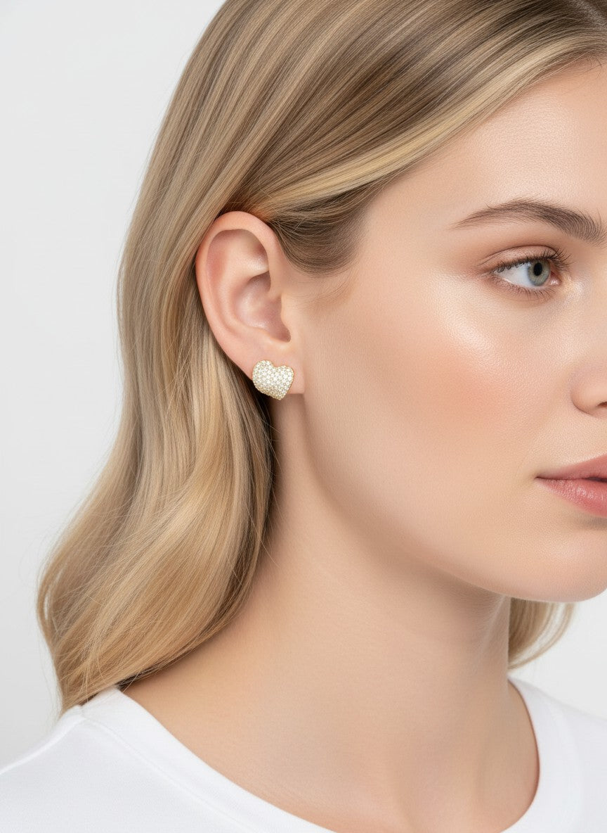 14K Gold-Dipped CZ Pave Heart Stud Earrings