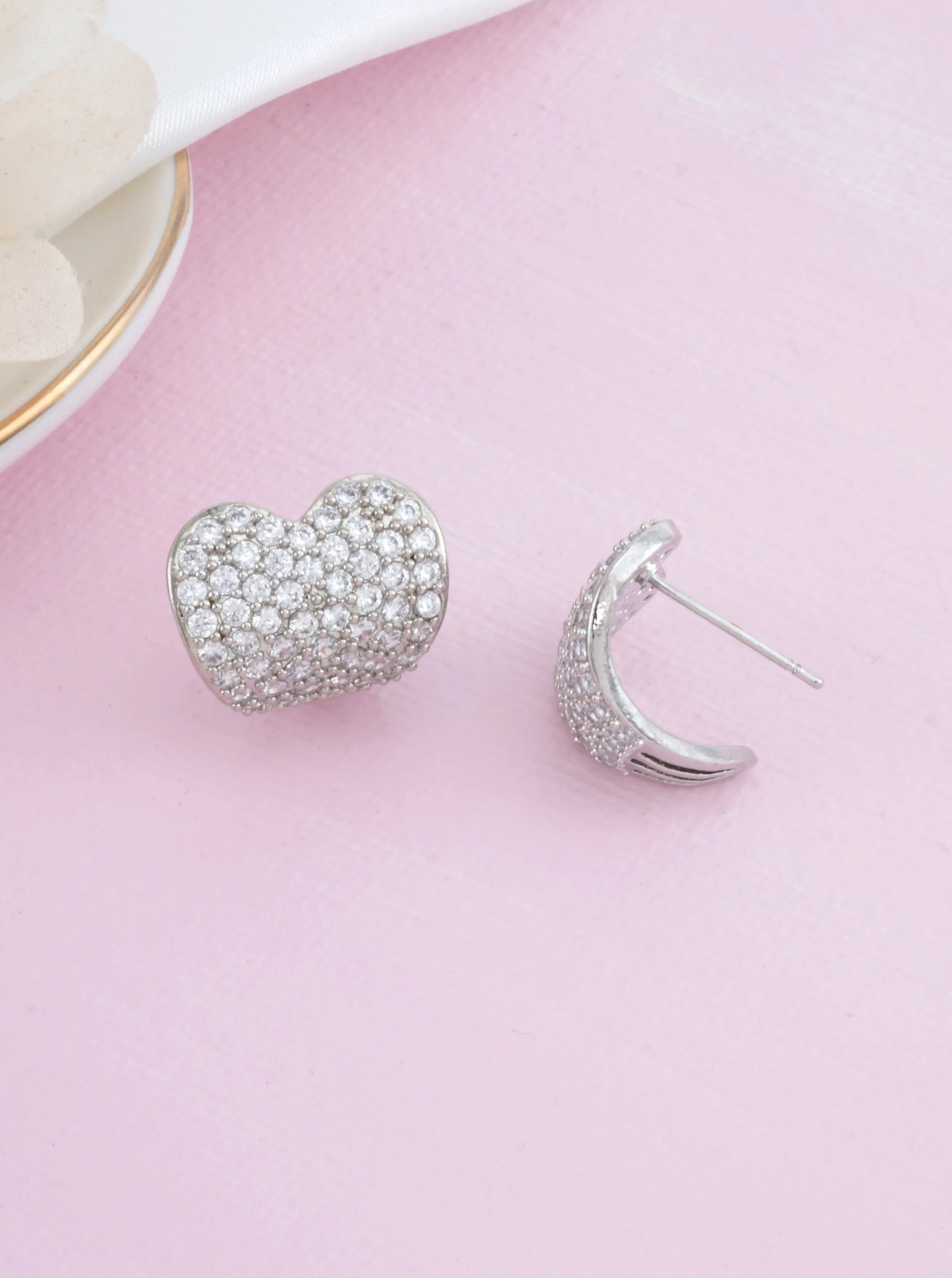 14K Gold-Dipped CZ Pave Heart Stud Earrings