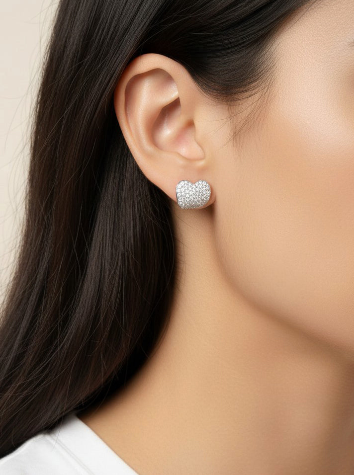 14K Gold-Dipped CZ Pave Heart Stud Earrings