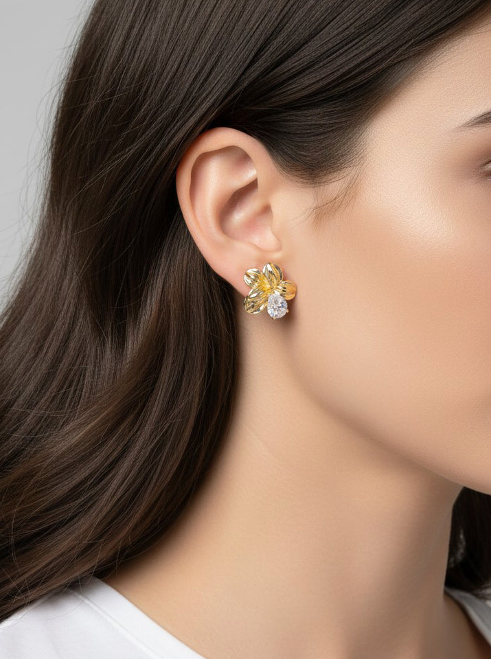 14K Gold-Dipped CZ Flower Stud Earrings