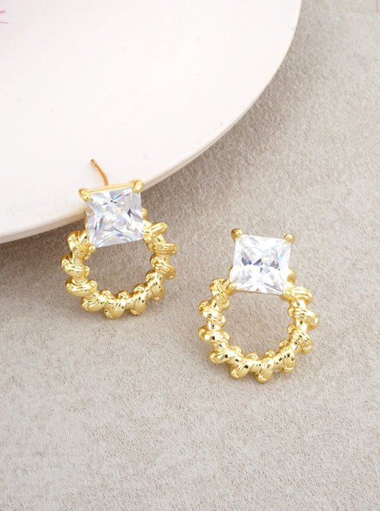 14K Gold-Dipped CZ Rope Circle Drop Earrings