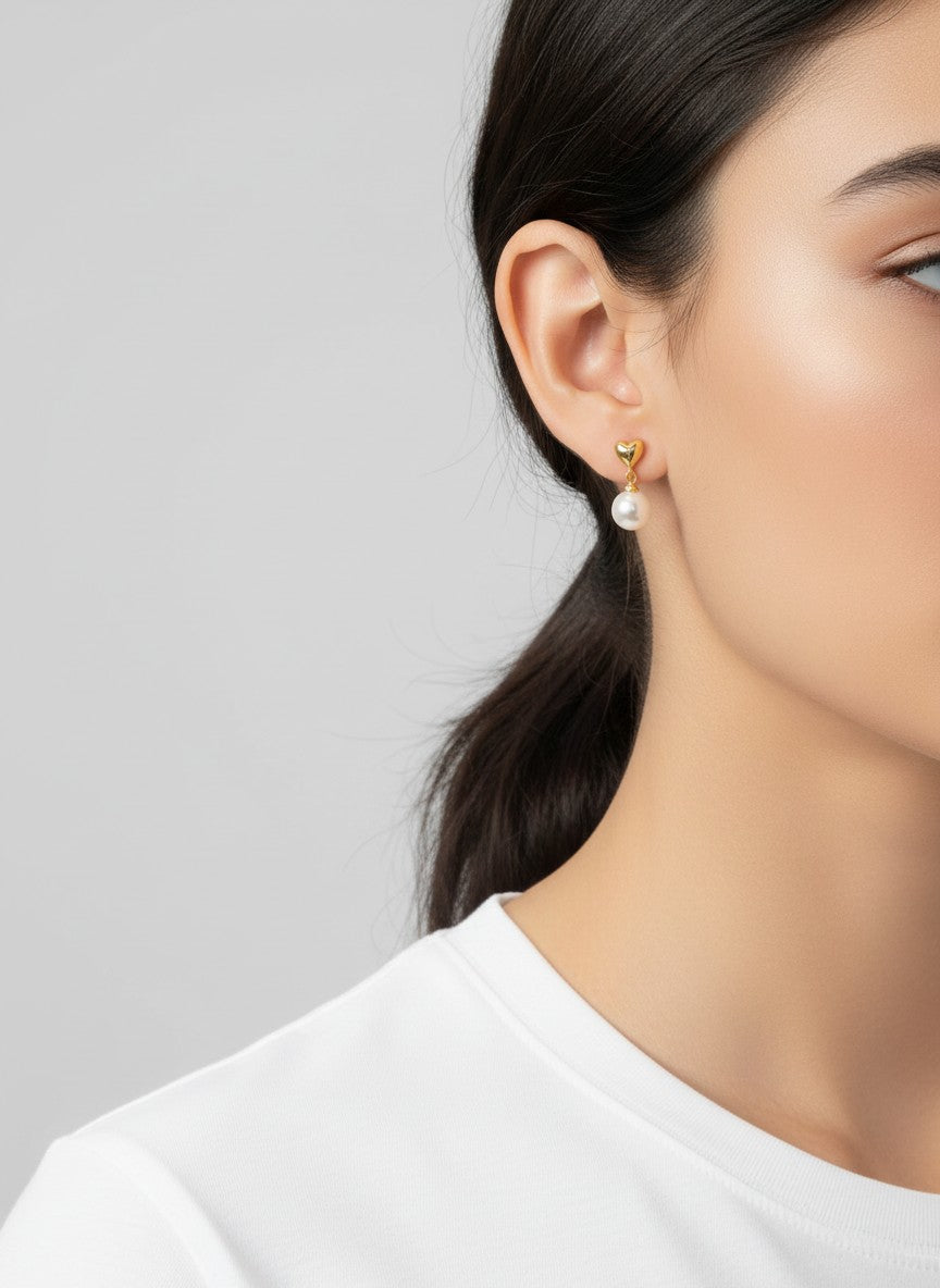 14K Gold-Dipped Heart Pearl Drop Earrings