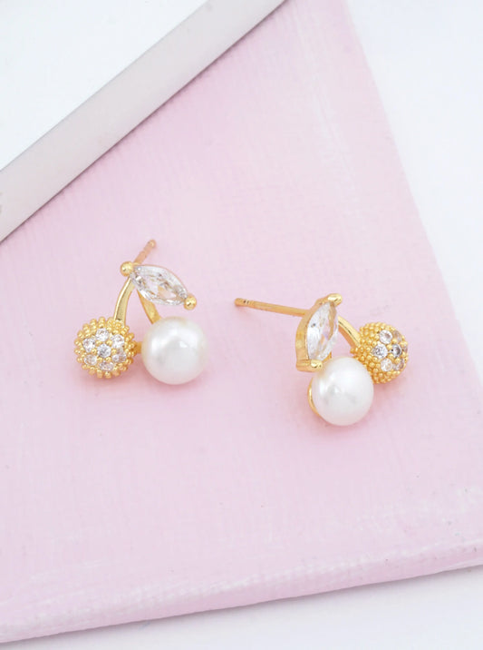 14K Gold-Dipped Pearl & CZ Cherry Stud Earrings