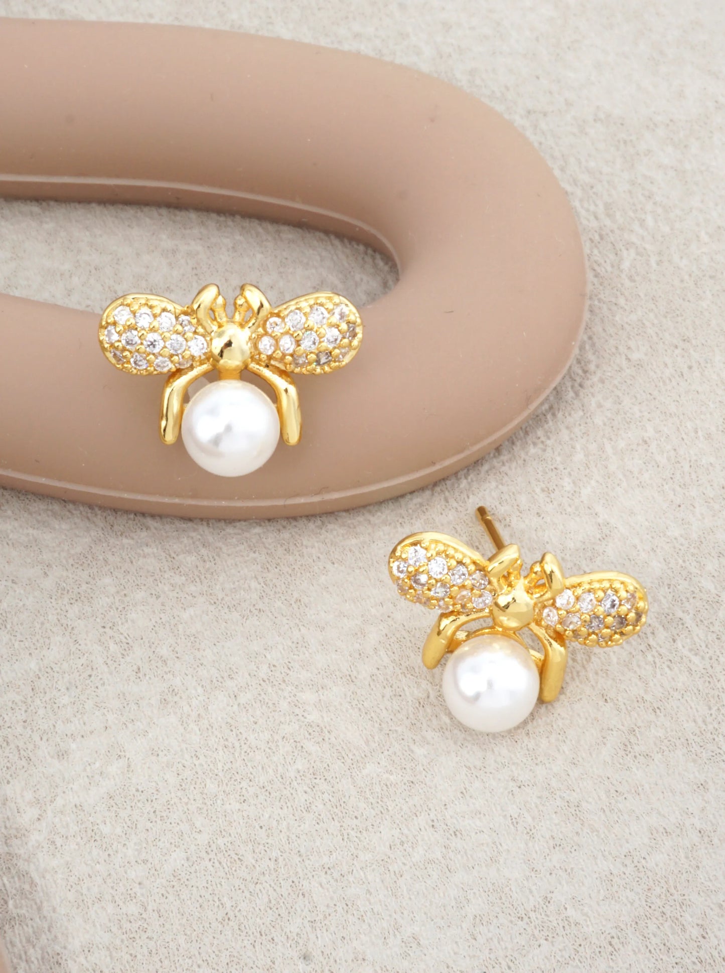 14K Gold-Dipped CZ Pearl Bee Stud Earrings