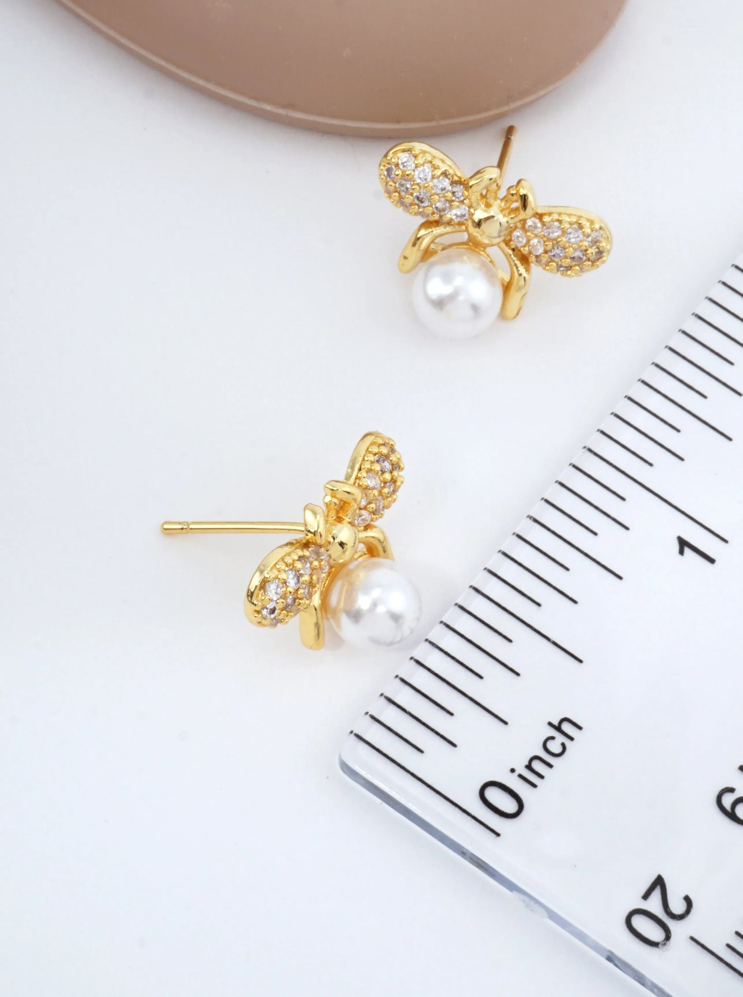 14K Gold-Dipped CZ Pearl Bee Stud Earrings