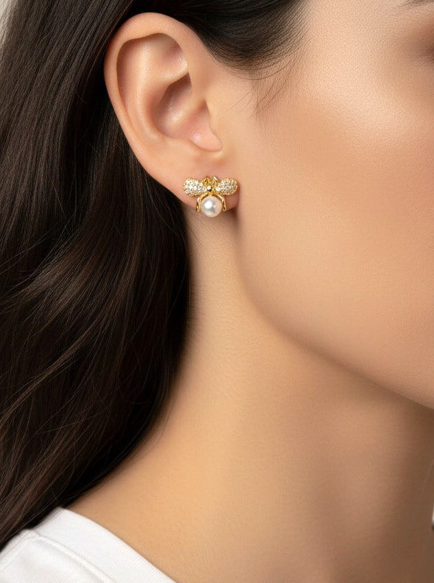14K Gold-Dipped CZ Pearl Bee Stud Earrings