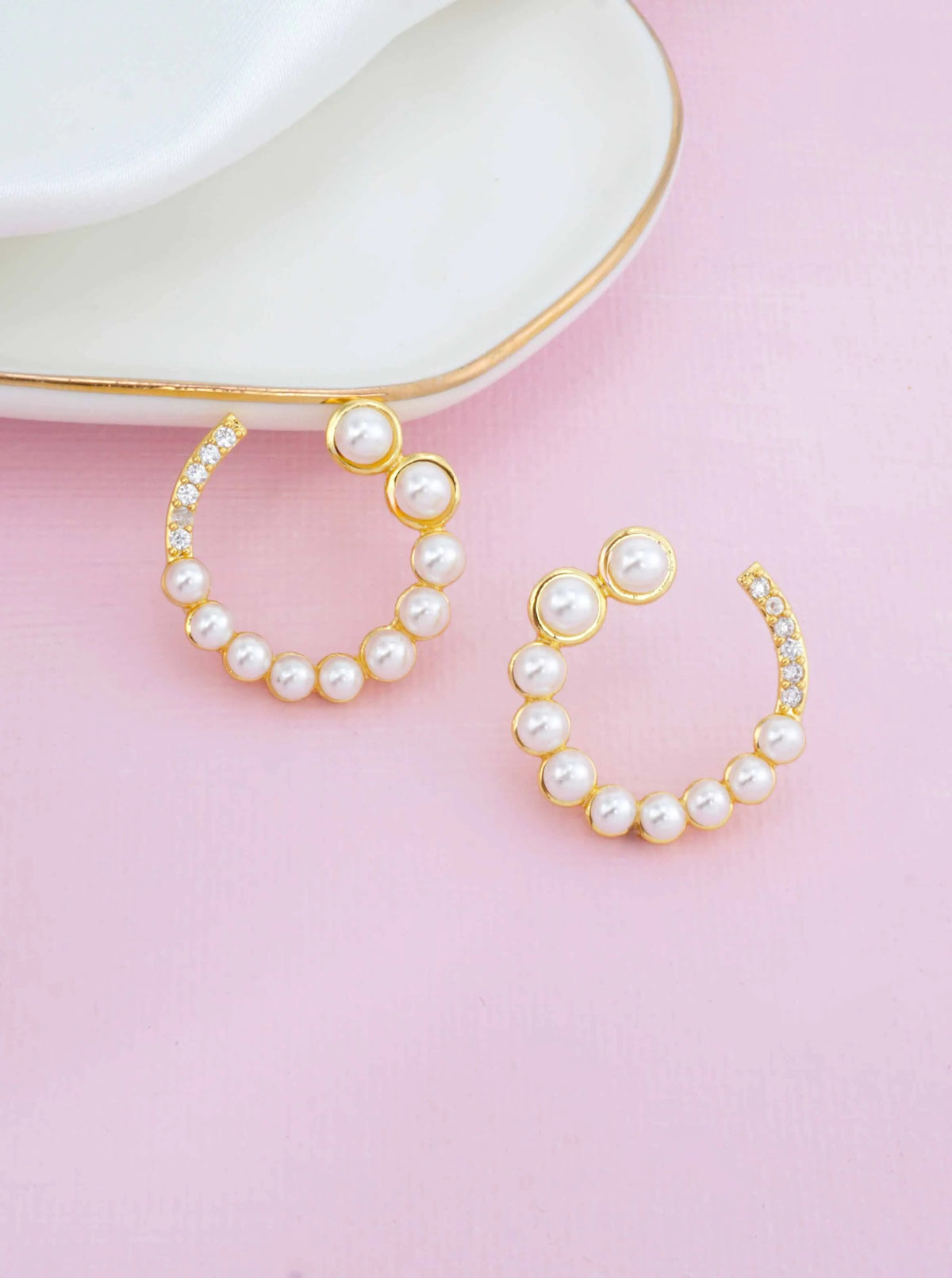14K Gold Dipped CZ Pave Pearl Circle Stud Earrings - Gold White