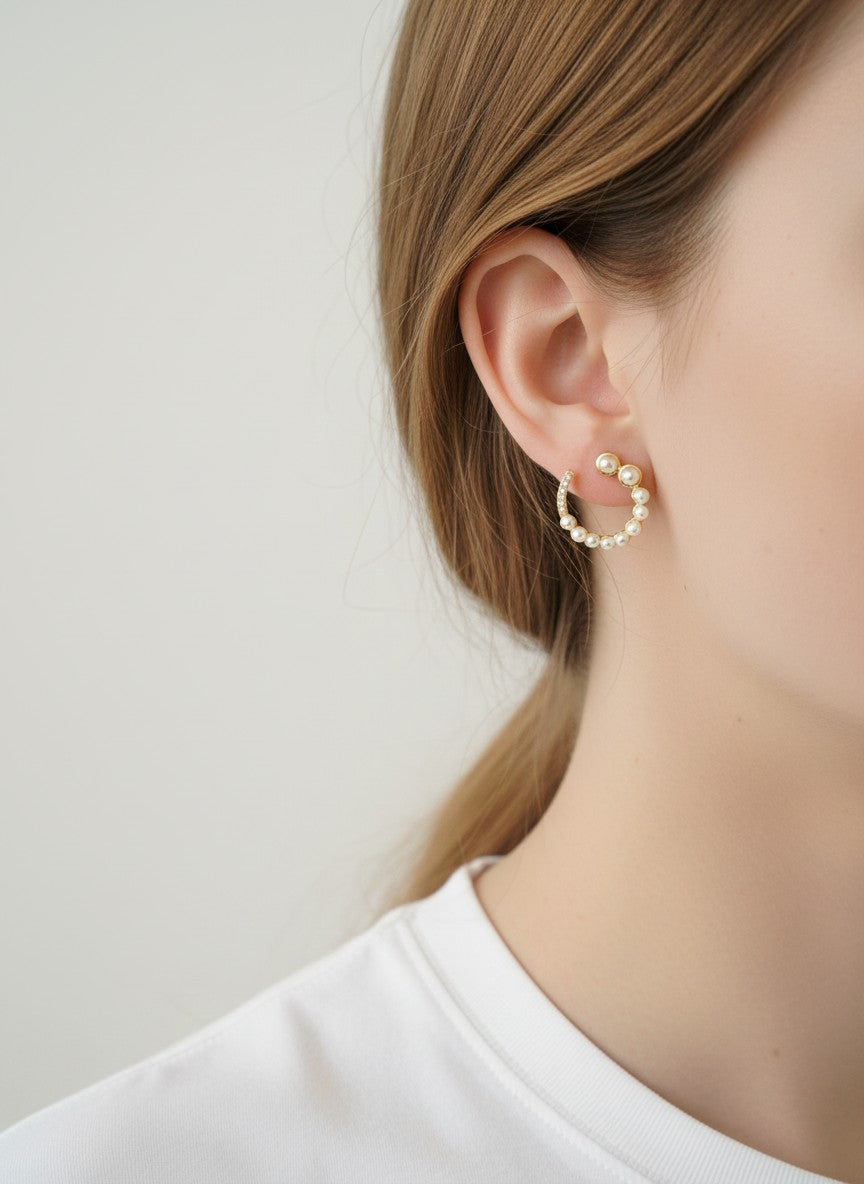 14K Gold Dipped CZ Pave Pearl Circle Stud Earrings - Gold White
